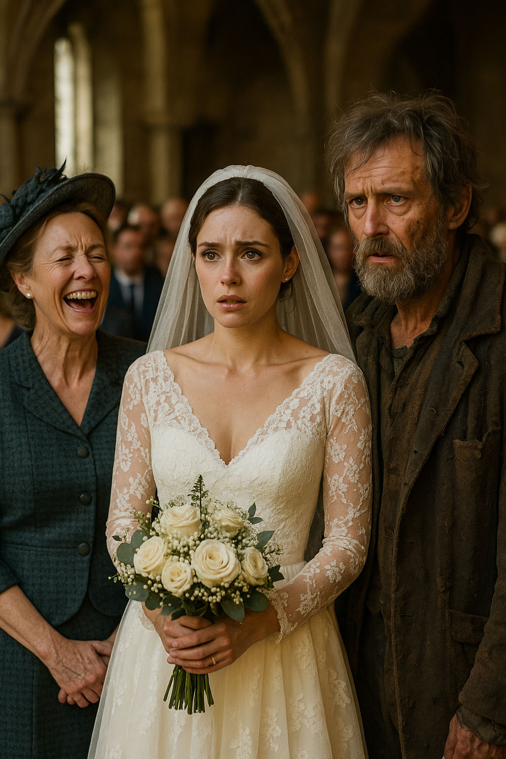L'homme aux vêtements usés se tient à l'autel aux côtés de la mariée, un sourire confiant aux lèvres.