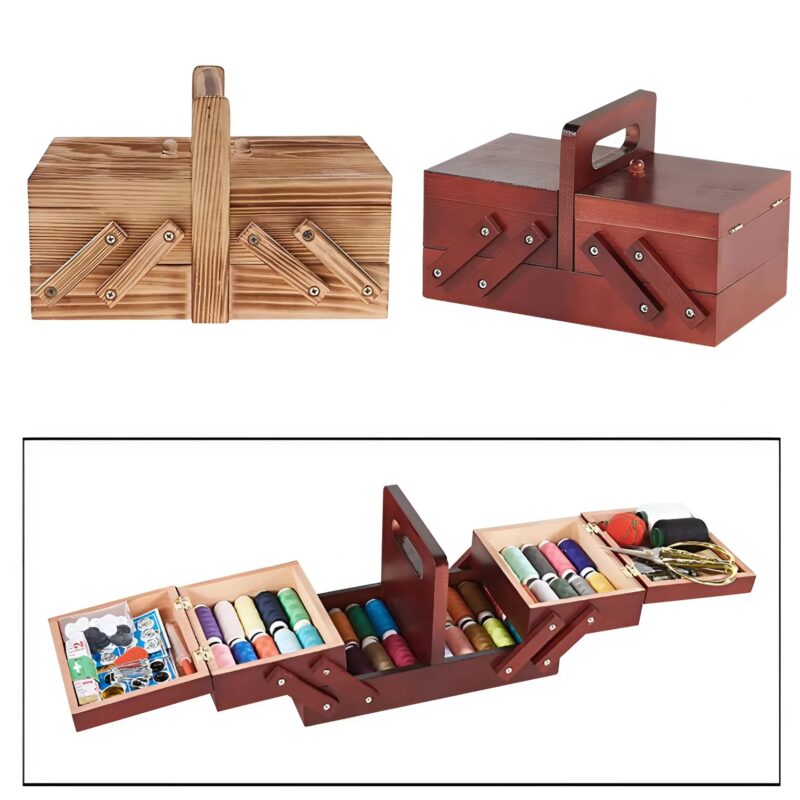 Boîte à couture restaurée, réutilisée pour ranger des bijoux