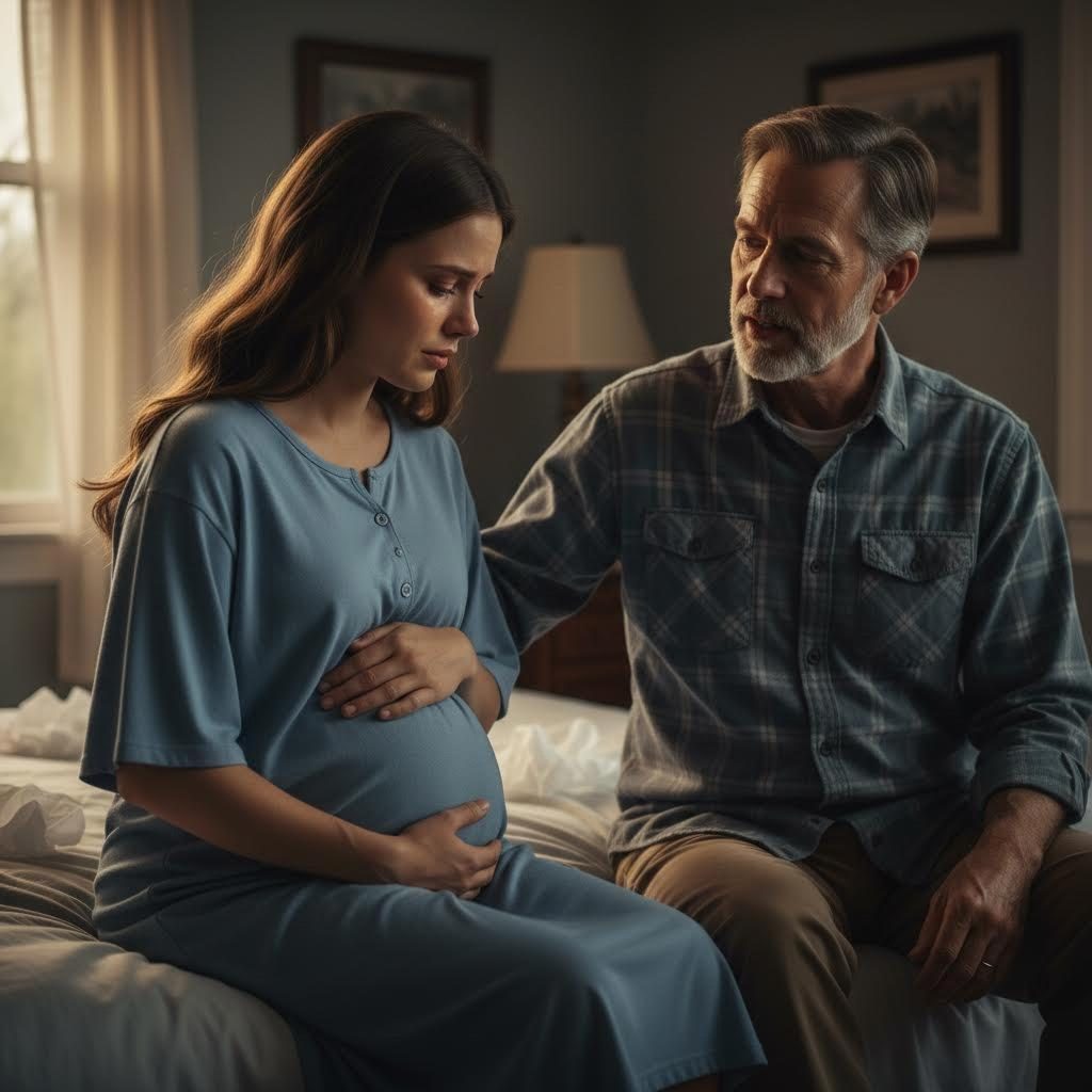 Femme enceinte assise, le regard perdu, les mains sur le ventre, dans une ambiance sombre