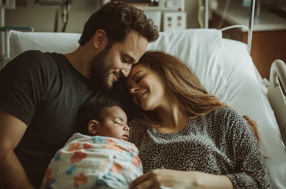 Famille unie et souriante avec un bébé, dans un moment de tendresse et de complicité retrouvée.
