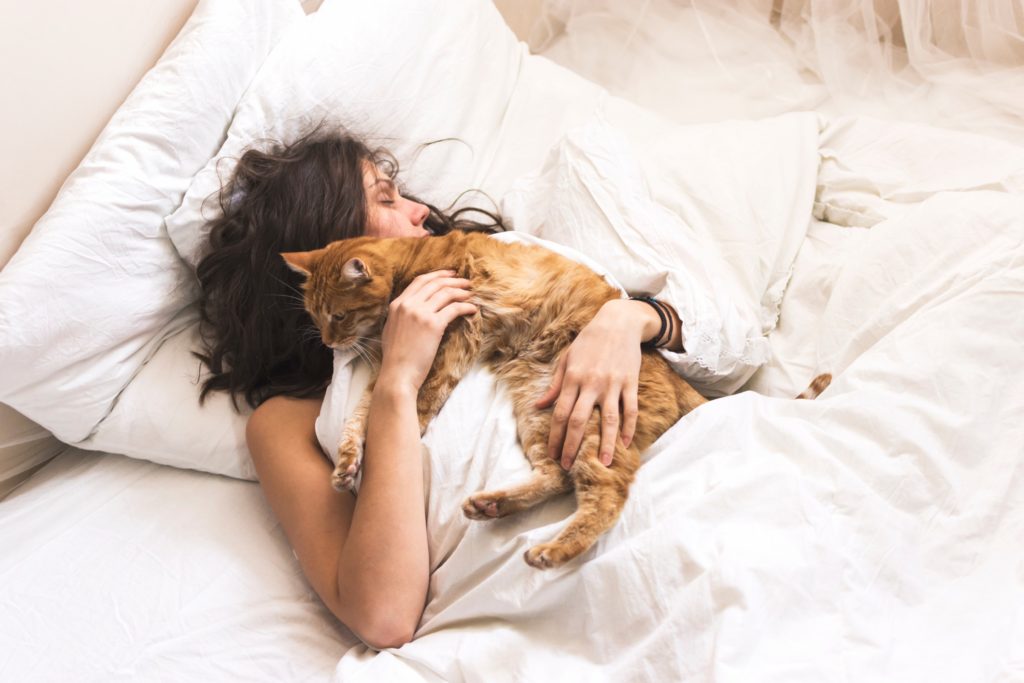 Femme et chat dormant ensemble