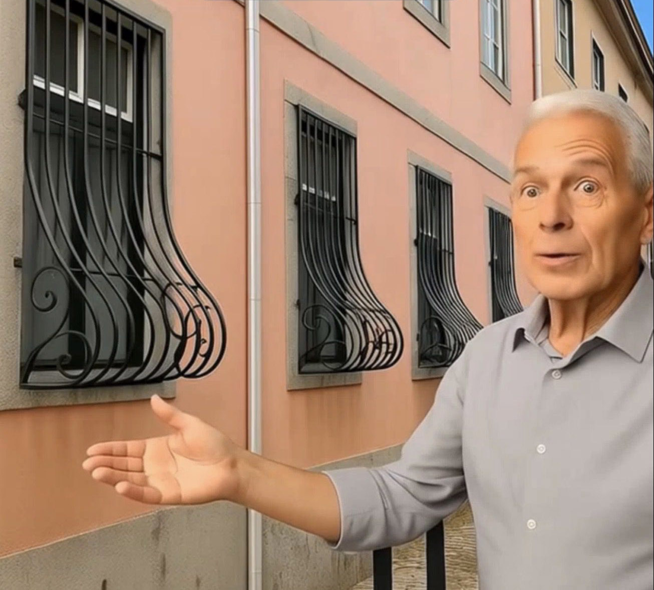 Détail d'une grille de fenêtre bombée vers l'extérieur