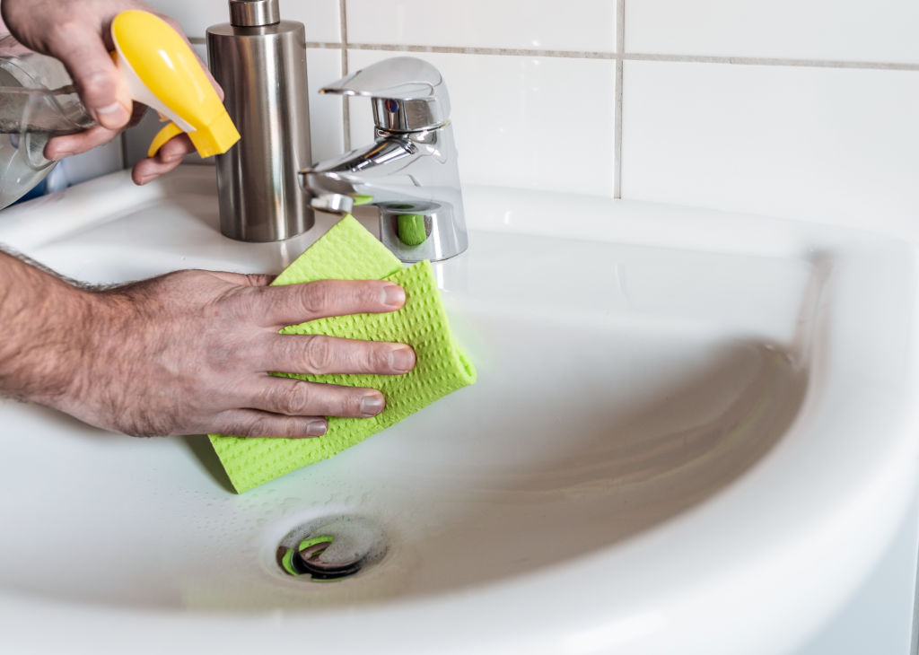 Personne nettoyant un lavabo