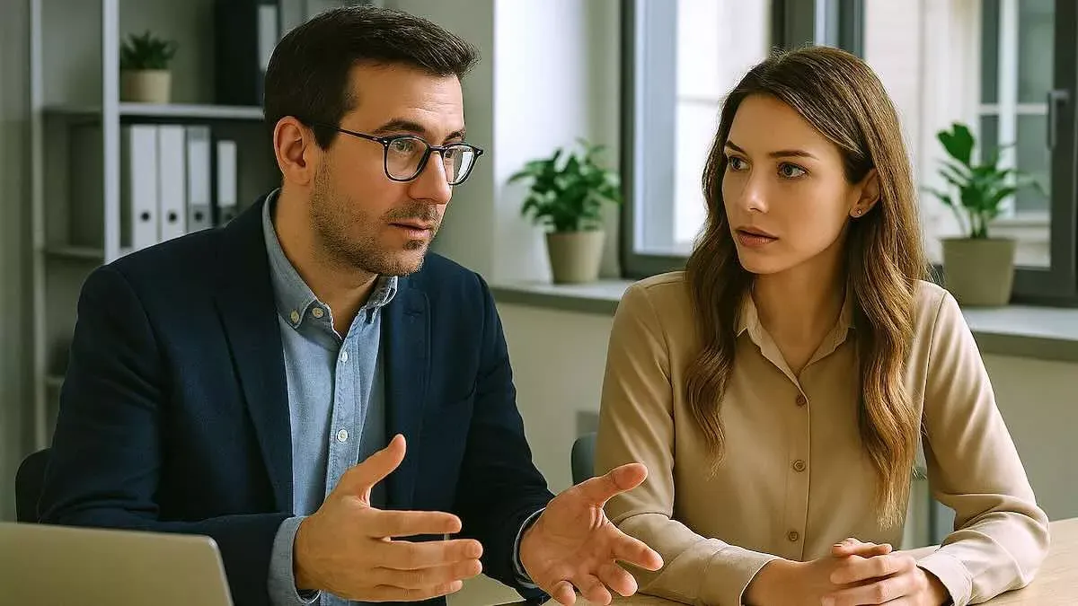 Deux femmes en discussion professionnelle, l'une semblant indifférente