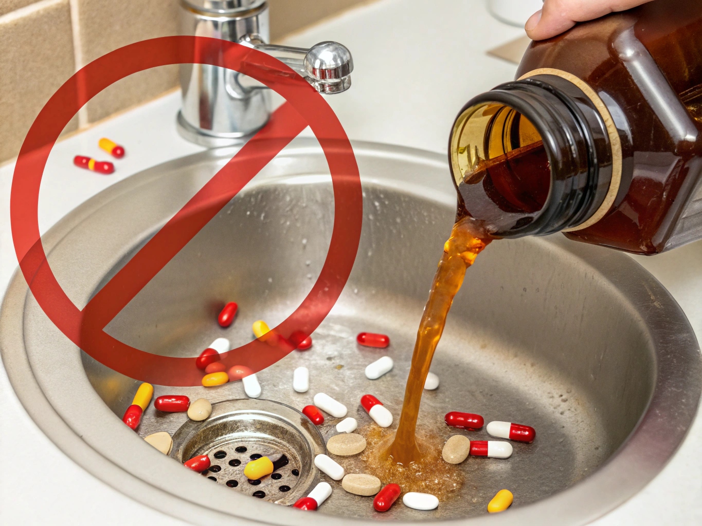 Illustration stylisée d'un flacon de sirop et de comprimés