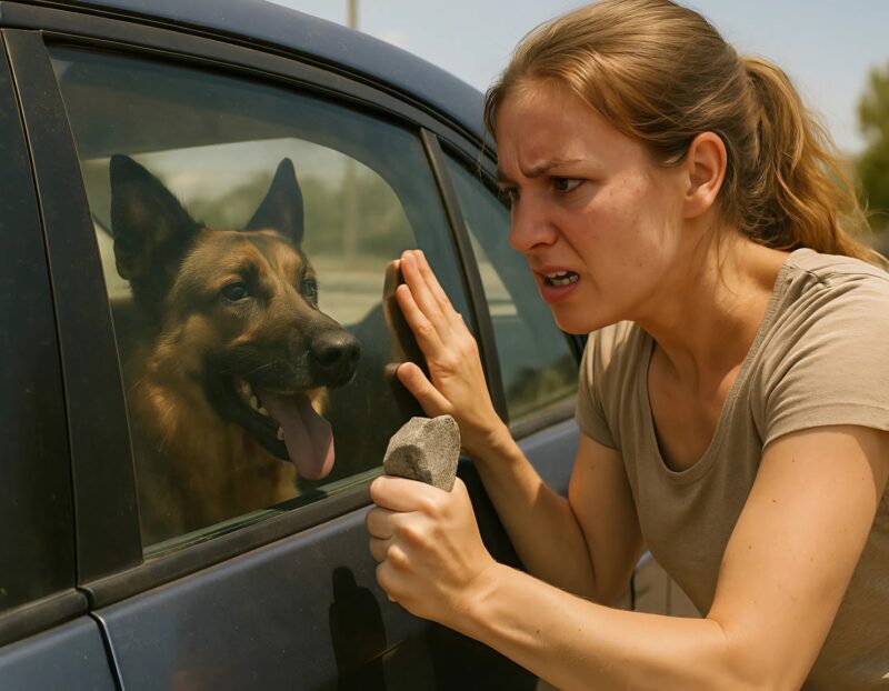 Femme secourant un chien d'une voiture