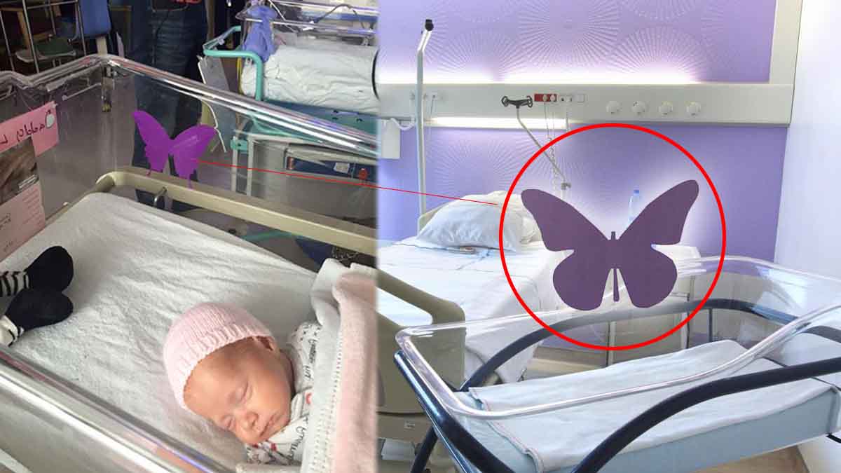 Autocollant de papillon violet sur une couveuse de néonatalogie