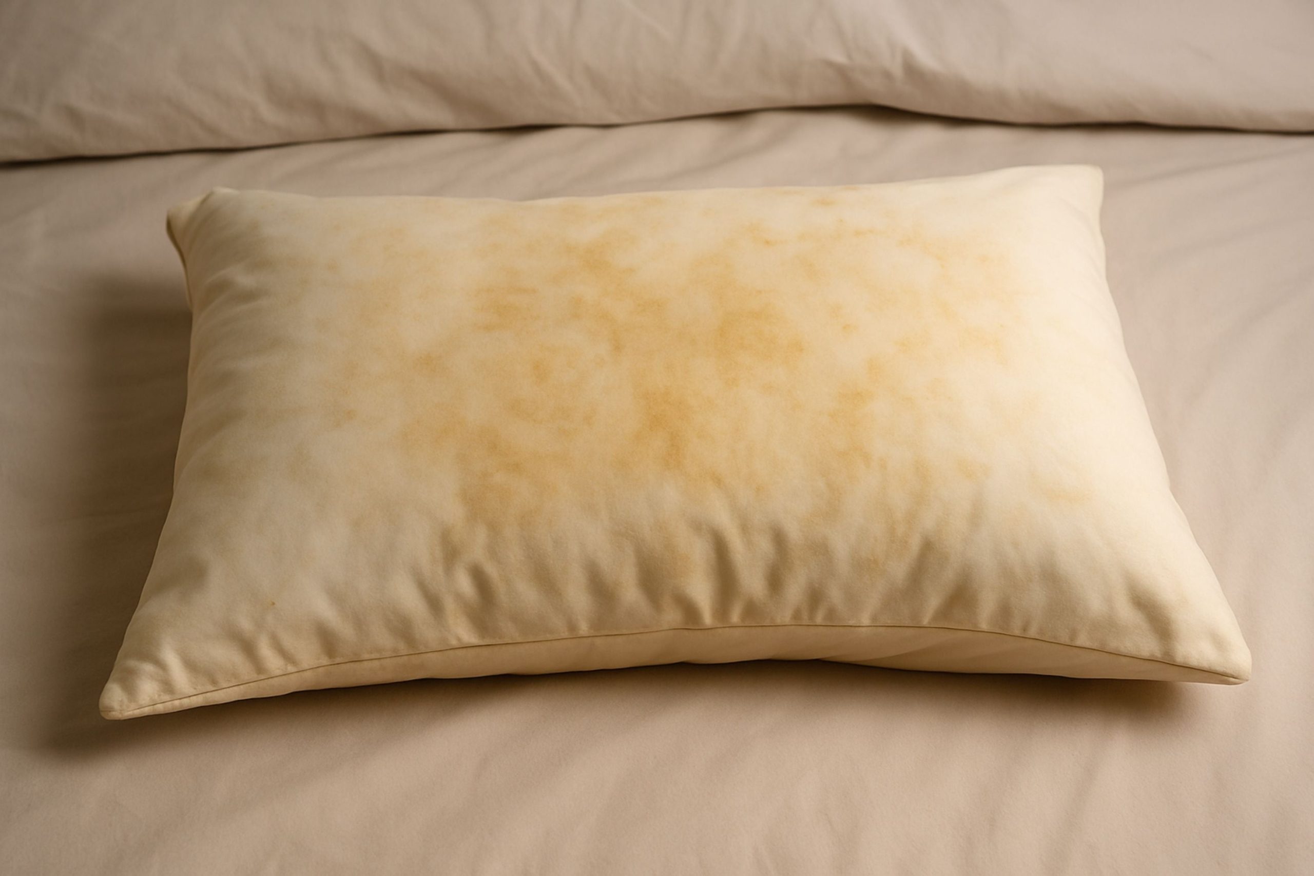 Détail d'un oreiller jauni et flacon d'eau oxygénée