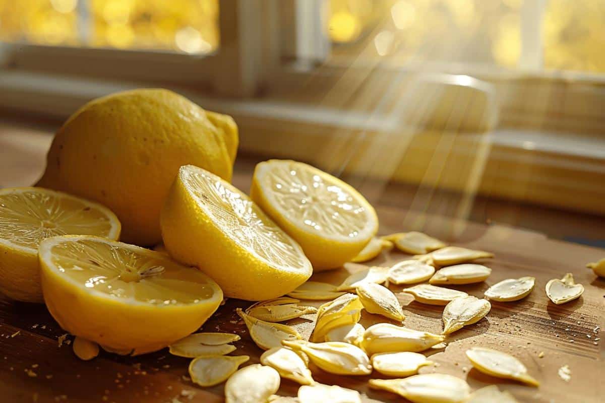 Pépins de citron dans une cuillère en bois