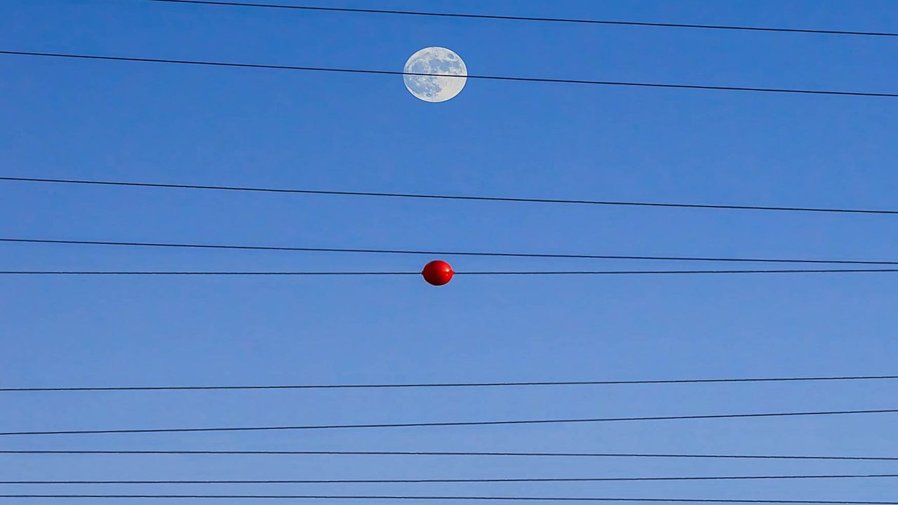 Ligne électrique avec boules de signalisation dans un paysage naturel