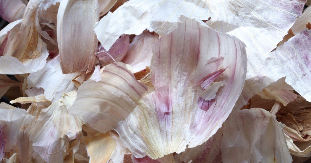 Un tas d'épluchures d'ail dorées sur un plan de travail en bois