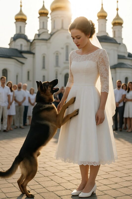 La mariée enlace son chien avec inquiétude